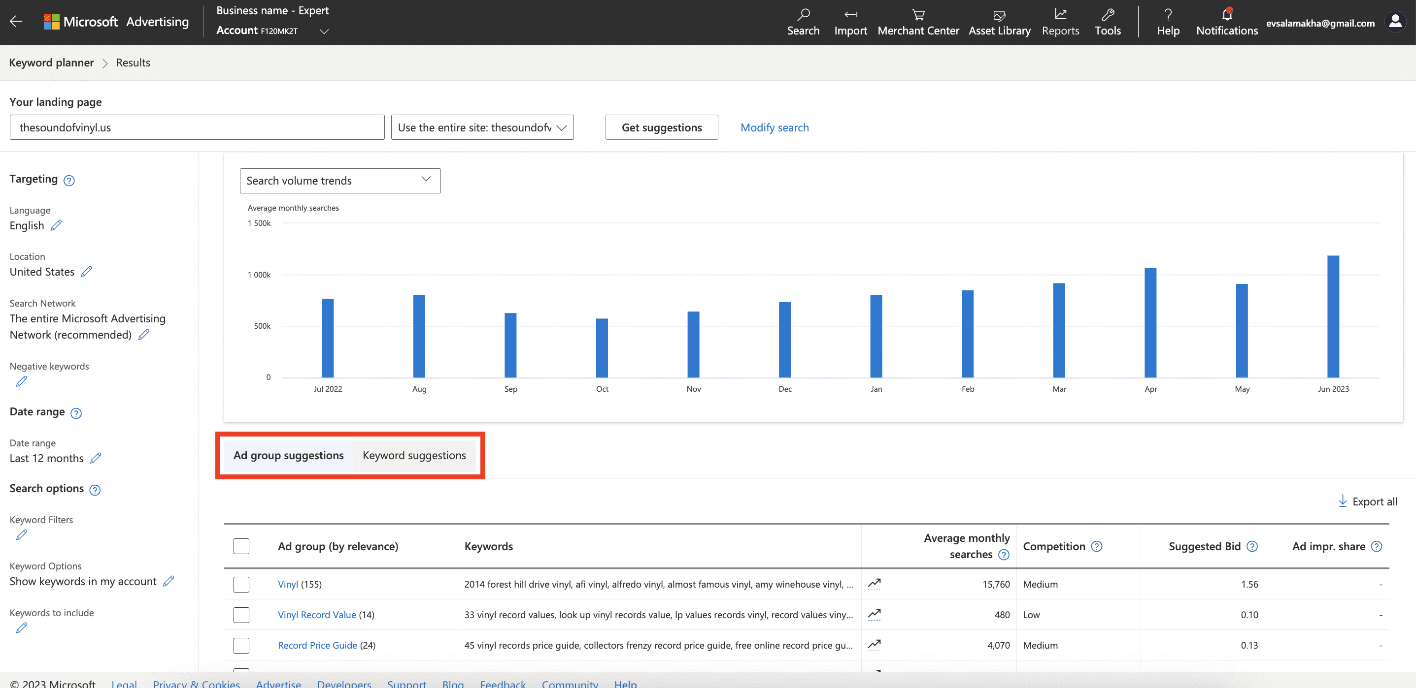 Groups or keywords in Bing Keyword Planner