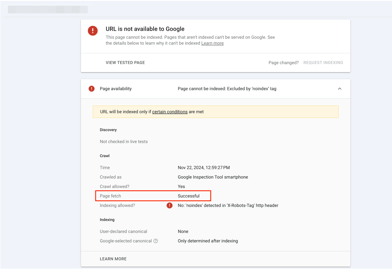 Screenshot of GSC URL Inspection tool