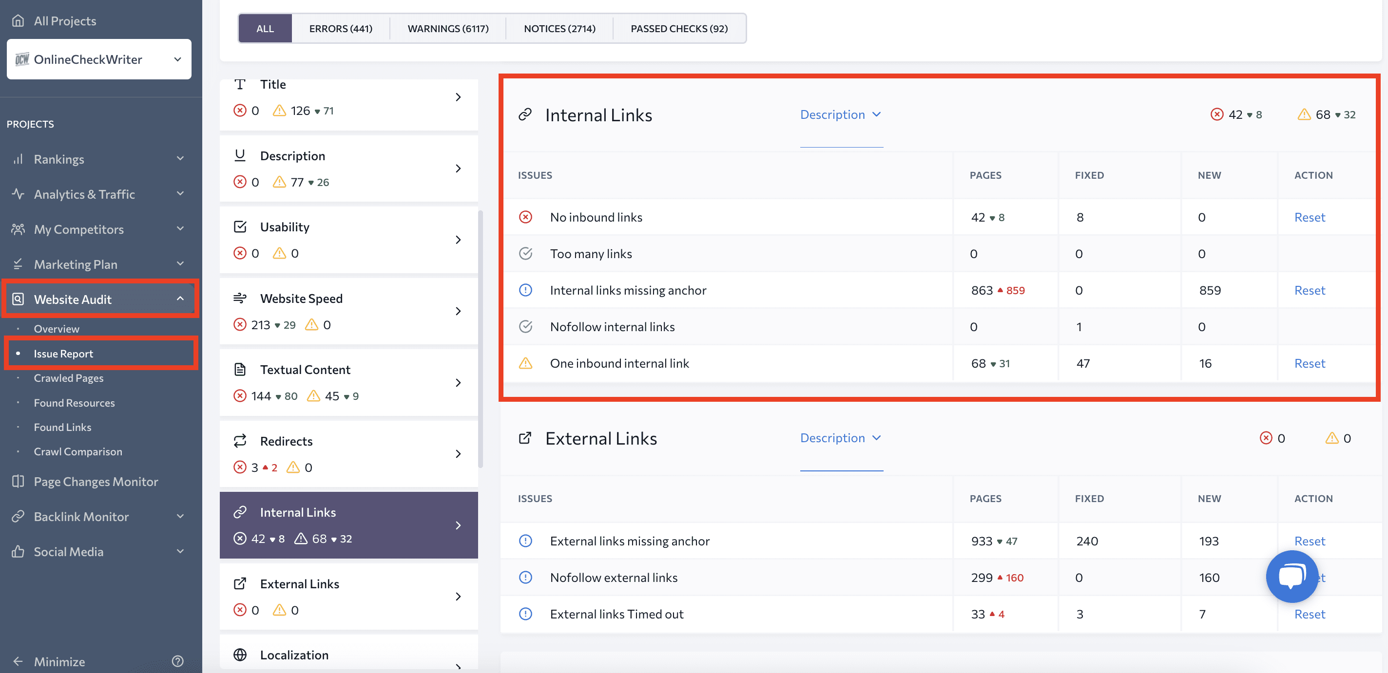 Issue report in Website Audit