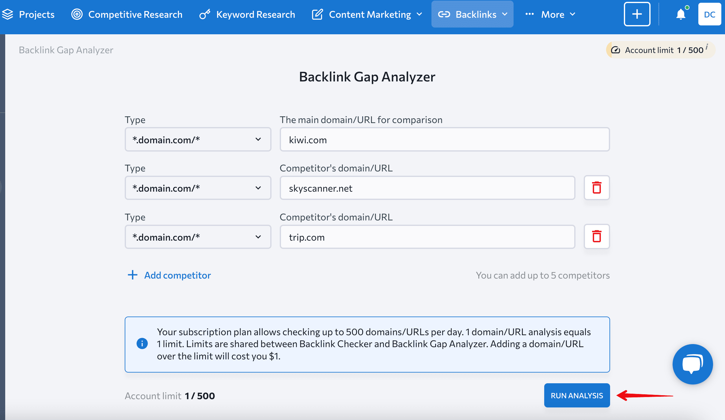 SE Ranking's Backlink Gap Analyzer