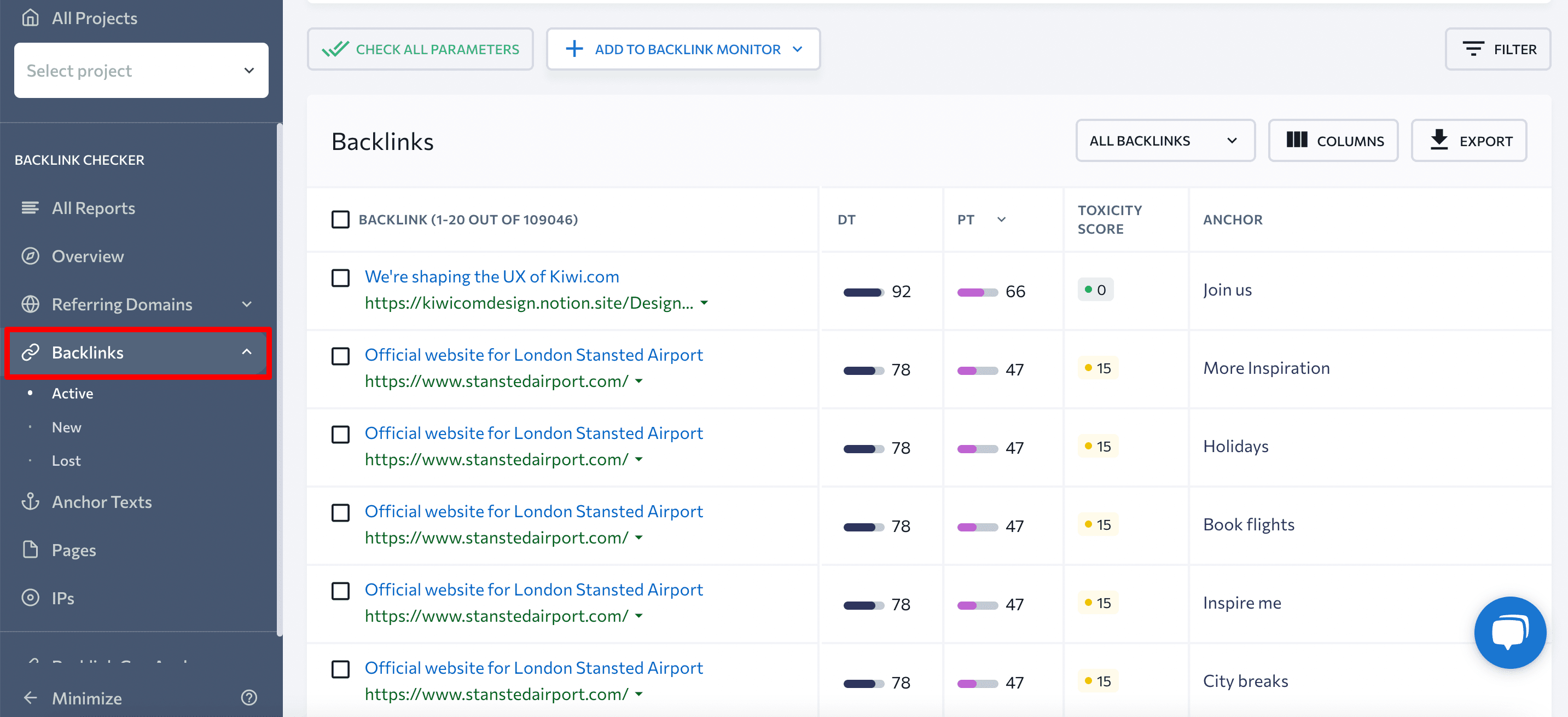 Backlinks section at SE Ranking