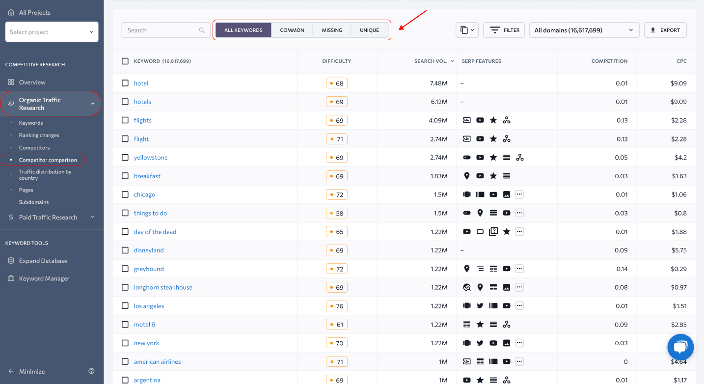 Screenshot of keywords in SE Ranking