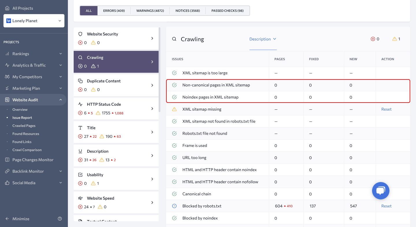 Screens،t of Crawling section in SE Ranking's Website Audit