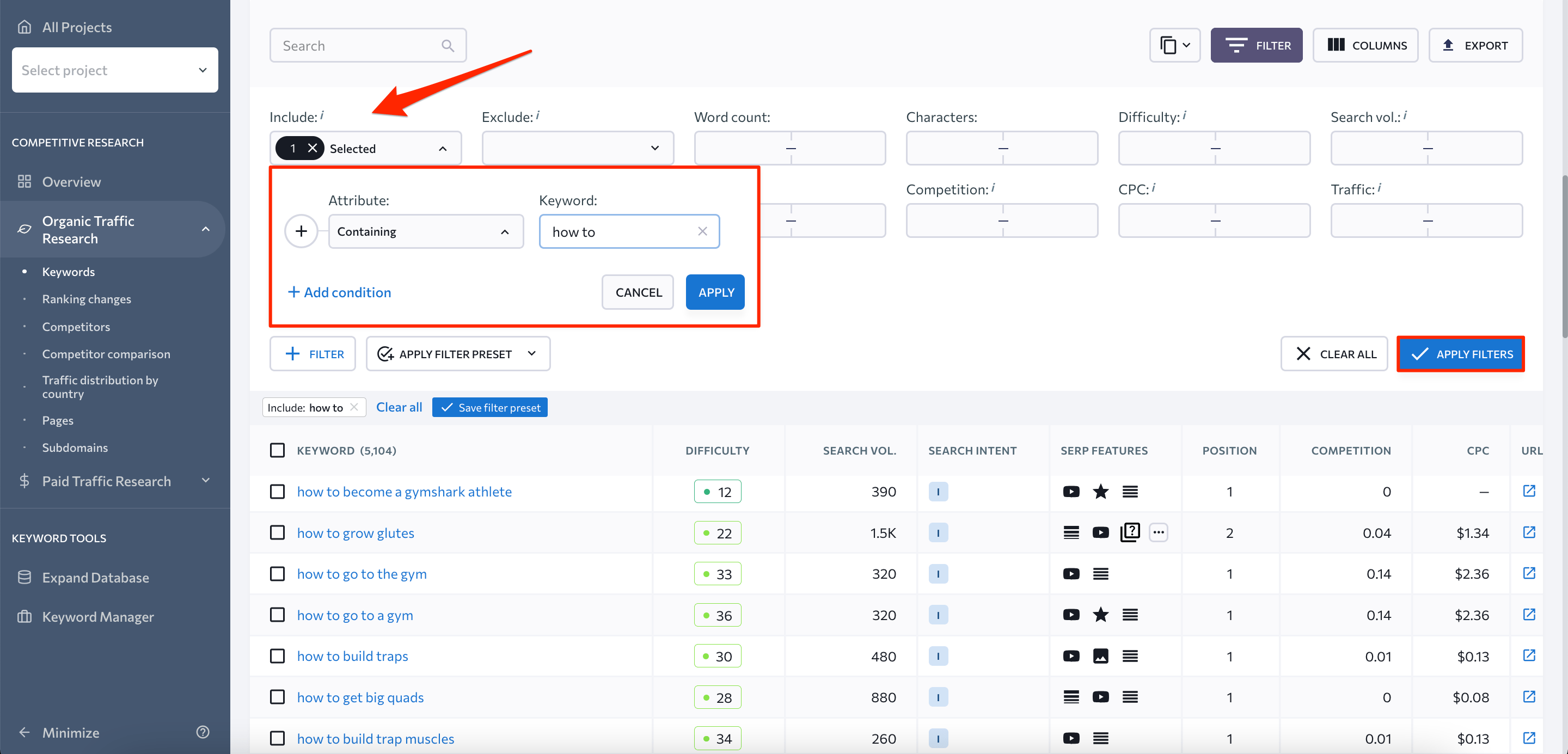 search intent filtering by modifiers