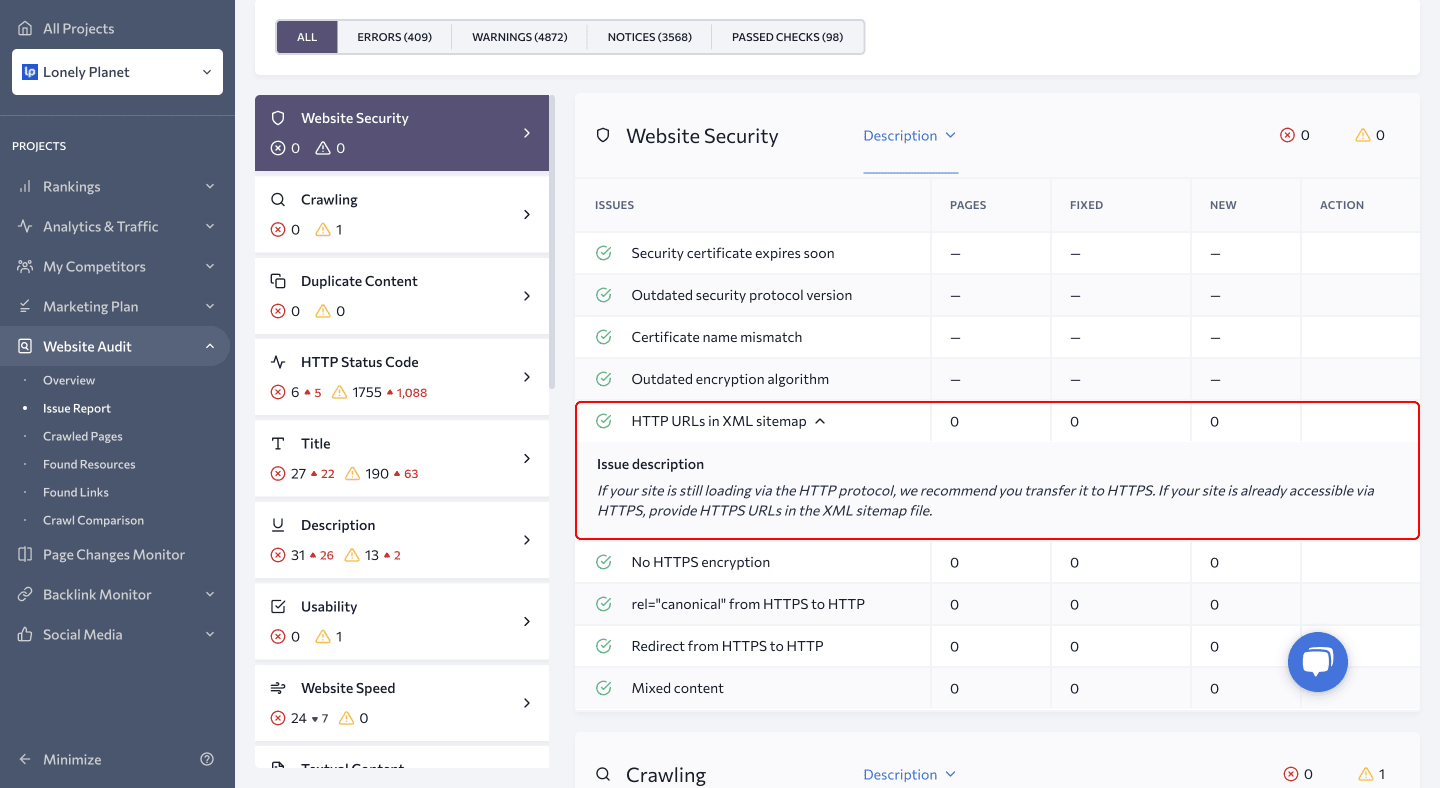 Screens،t of Website Security section in SE Ranking's Website Audit