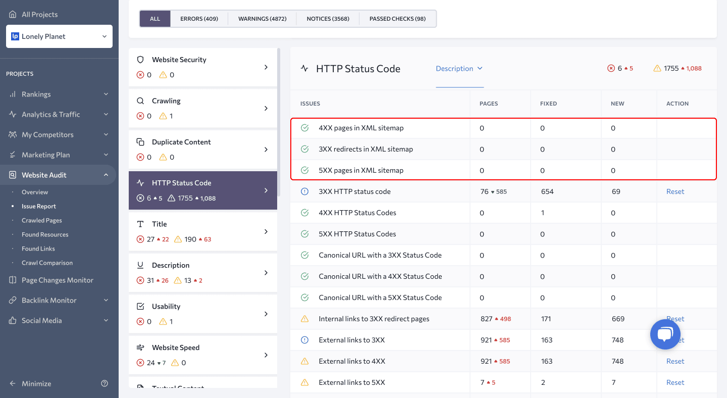 Screenshot of HTTP Status Code section in SE Ranking's Website Audit