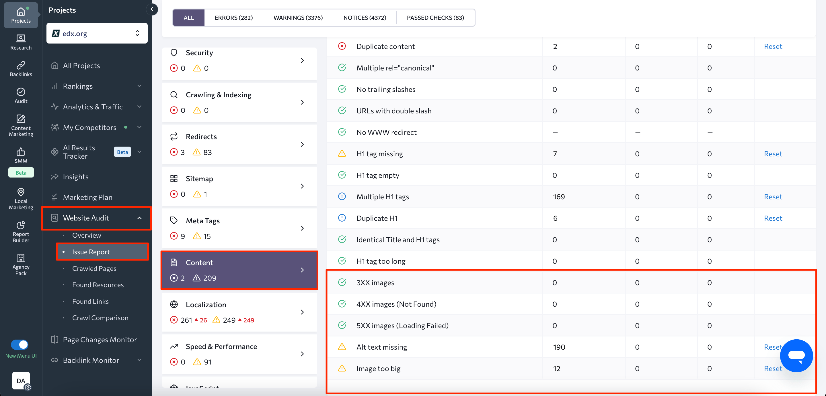 Image SEO issues in SE Ranking's Website Audit