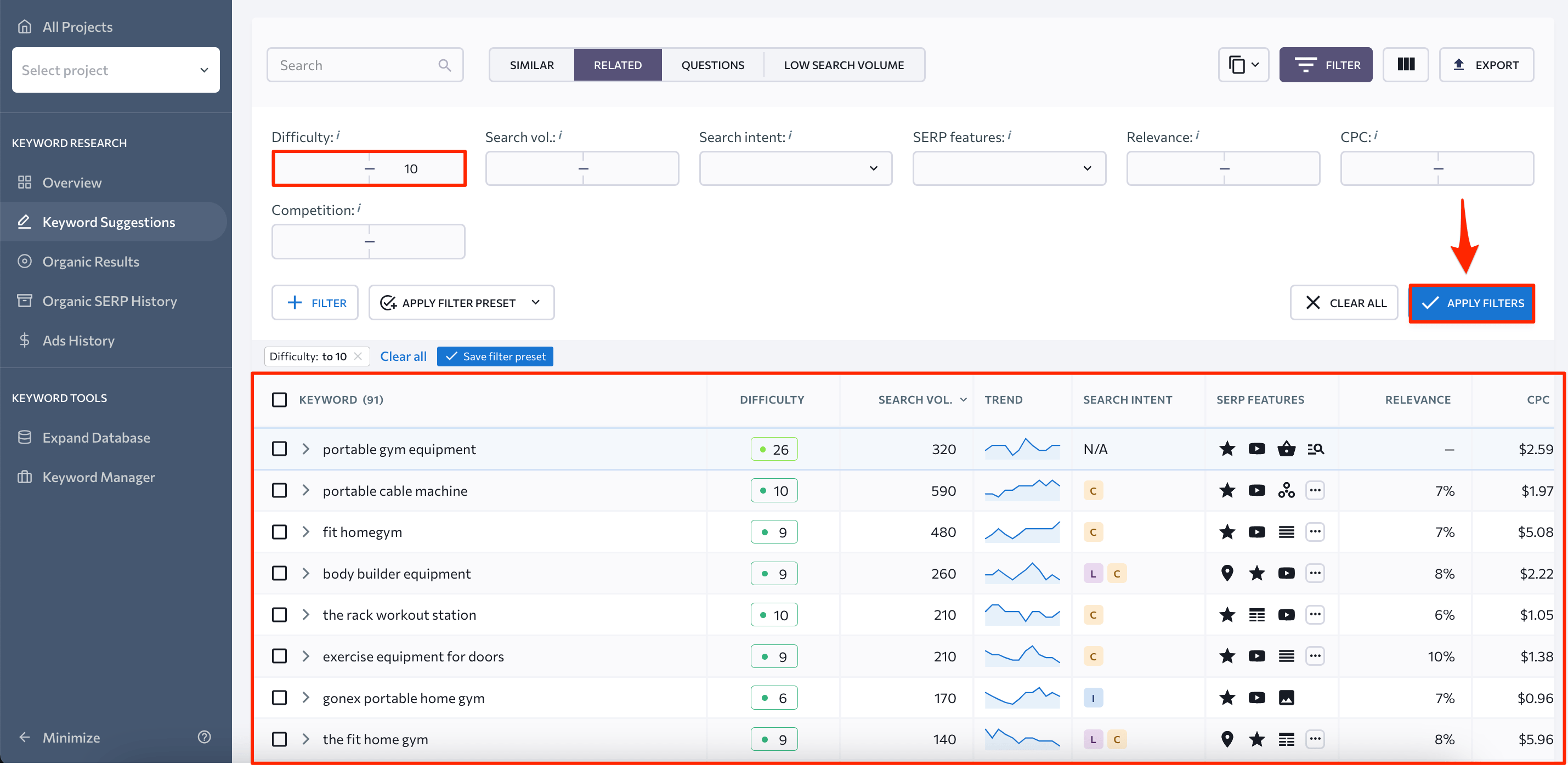 keyword difficulty filtering