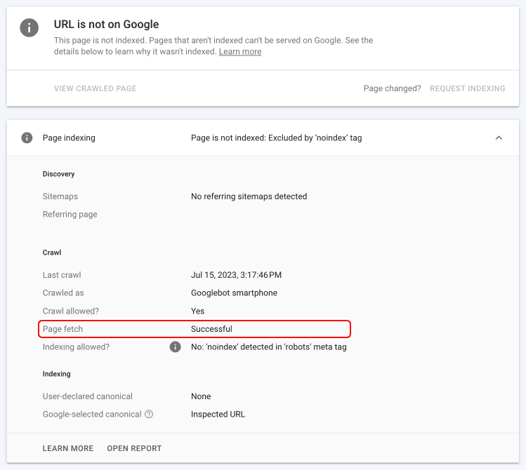 Screenshot of GSC URL Inspection tool