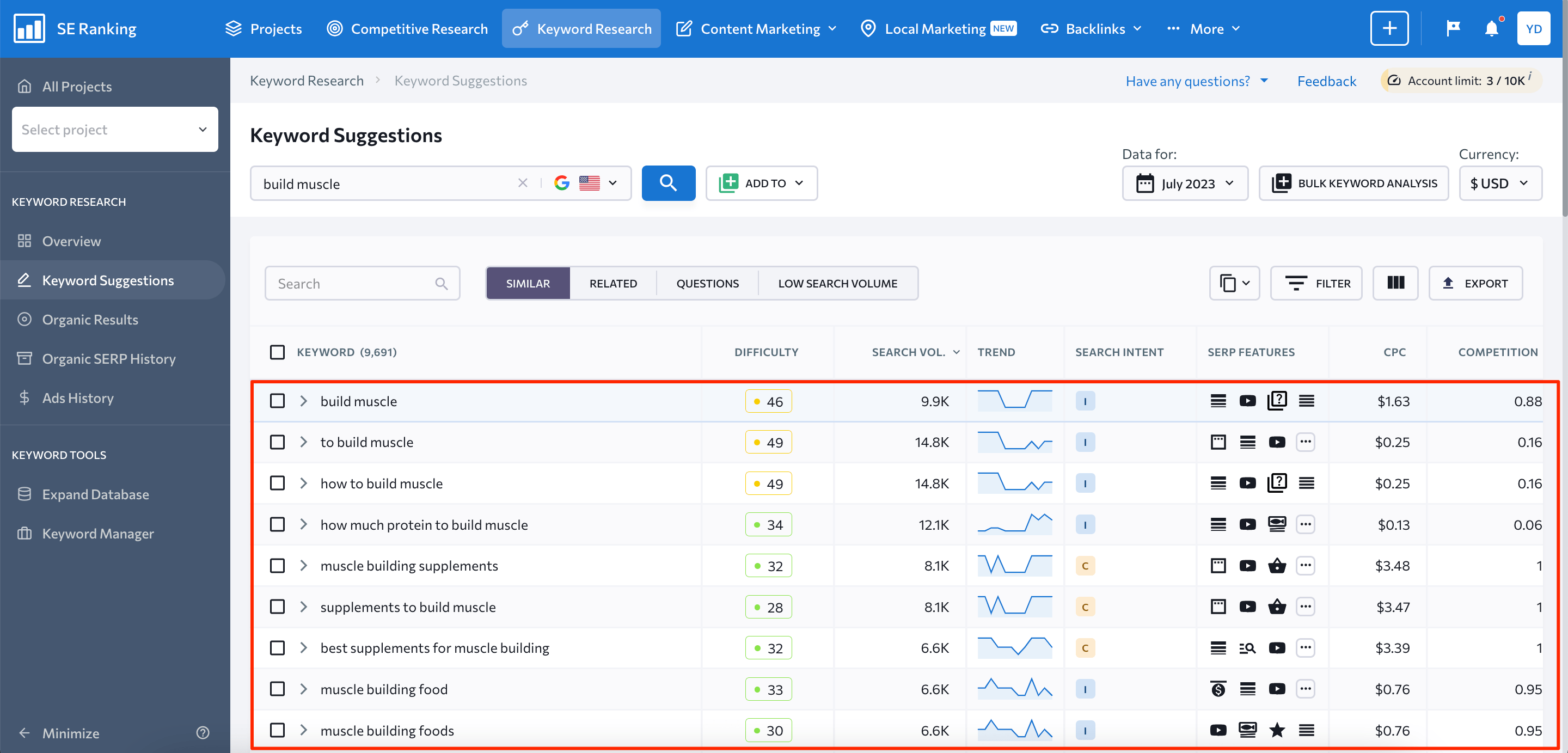 keyword suggestions on building muscle