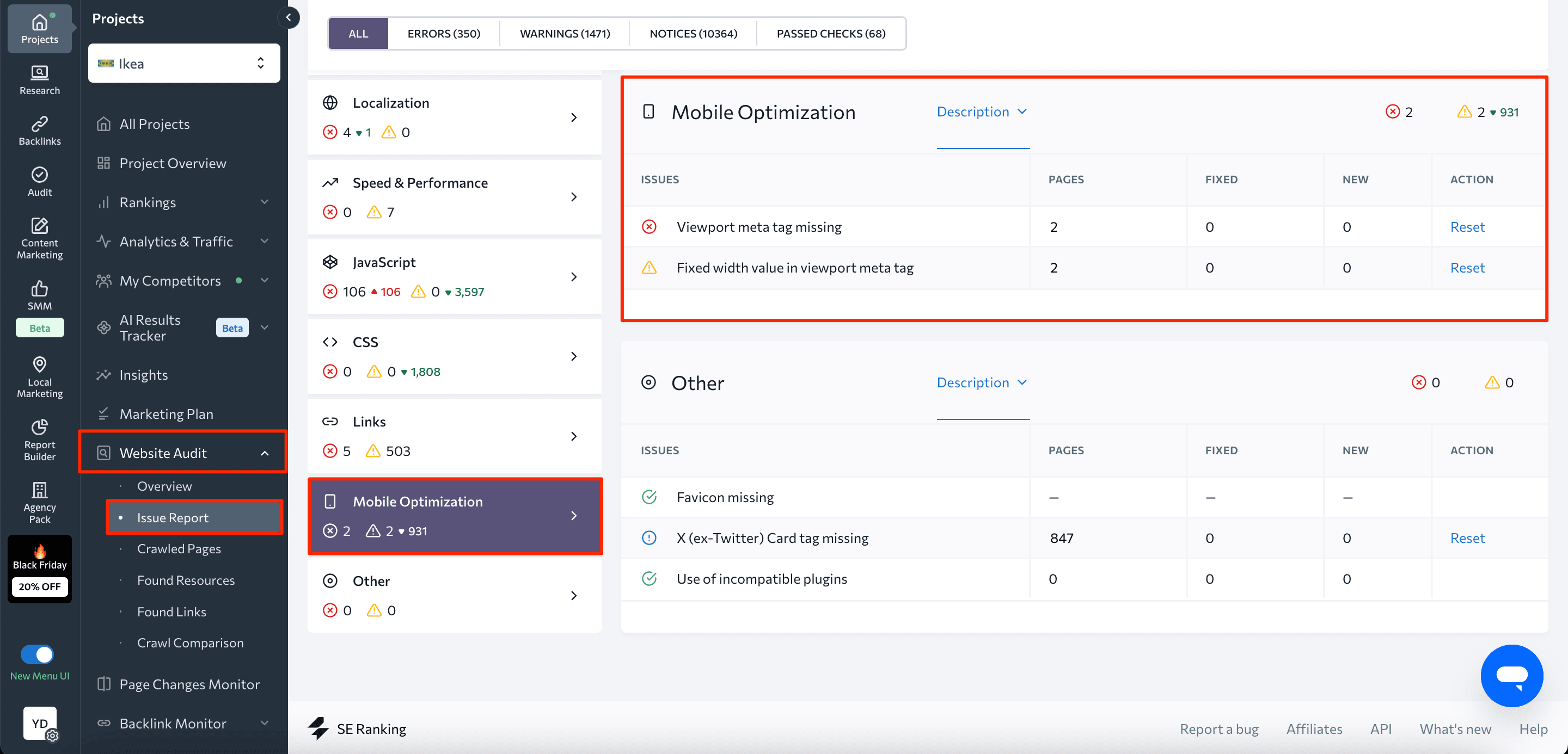 Mobile Optimization category in SE Ranking's Website Audit