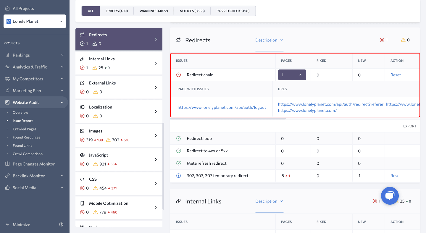 Screens،t of Redirects section in SE Ranking's Website Audit