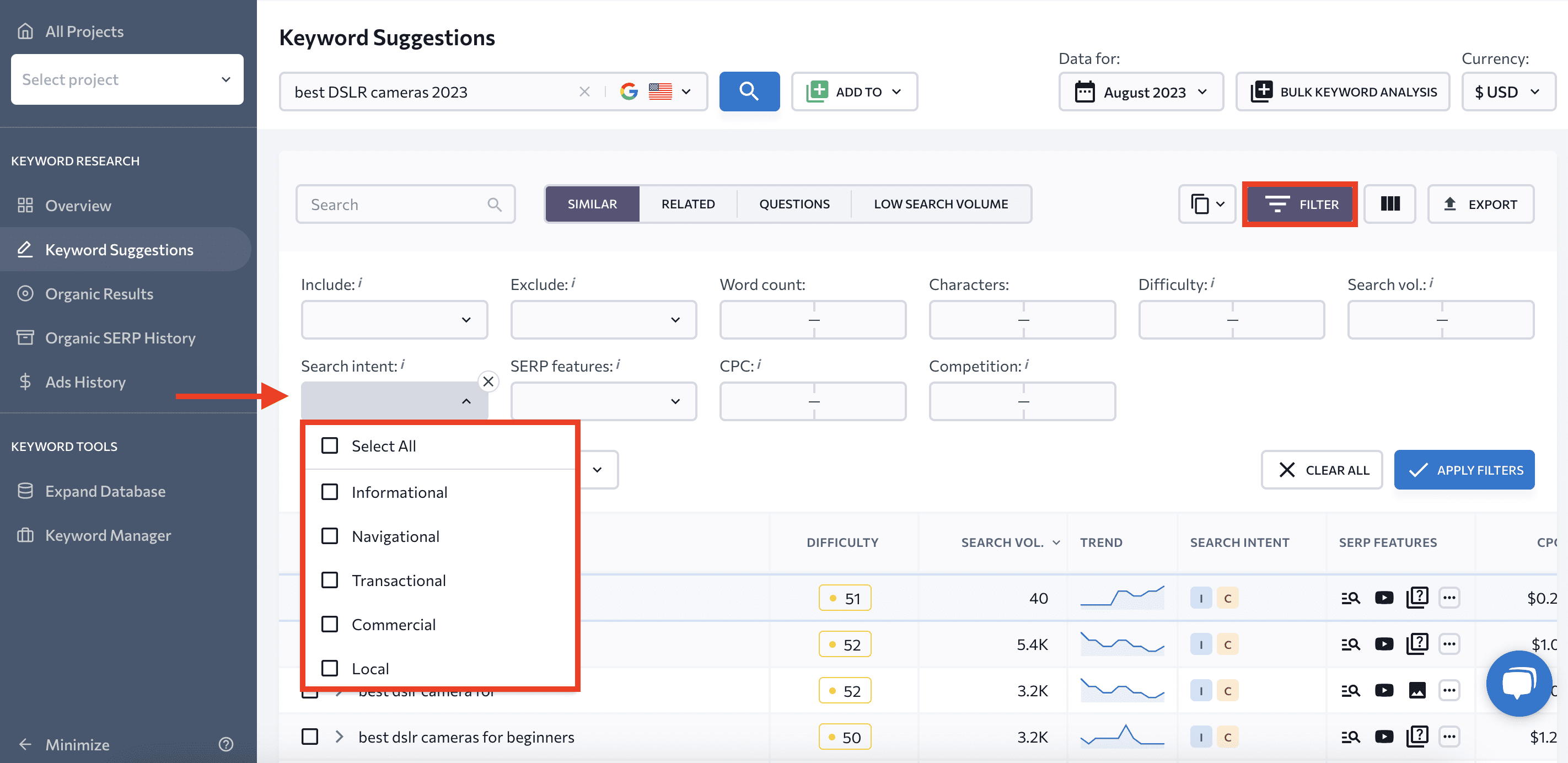 Filter keywords by search intent