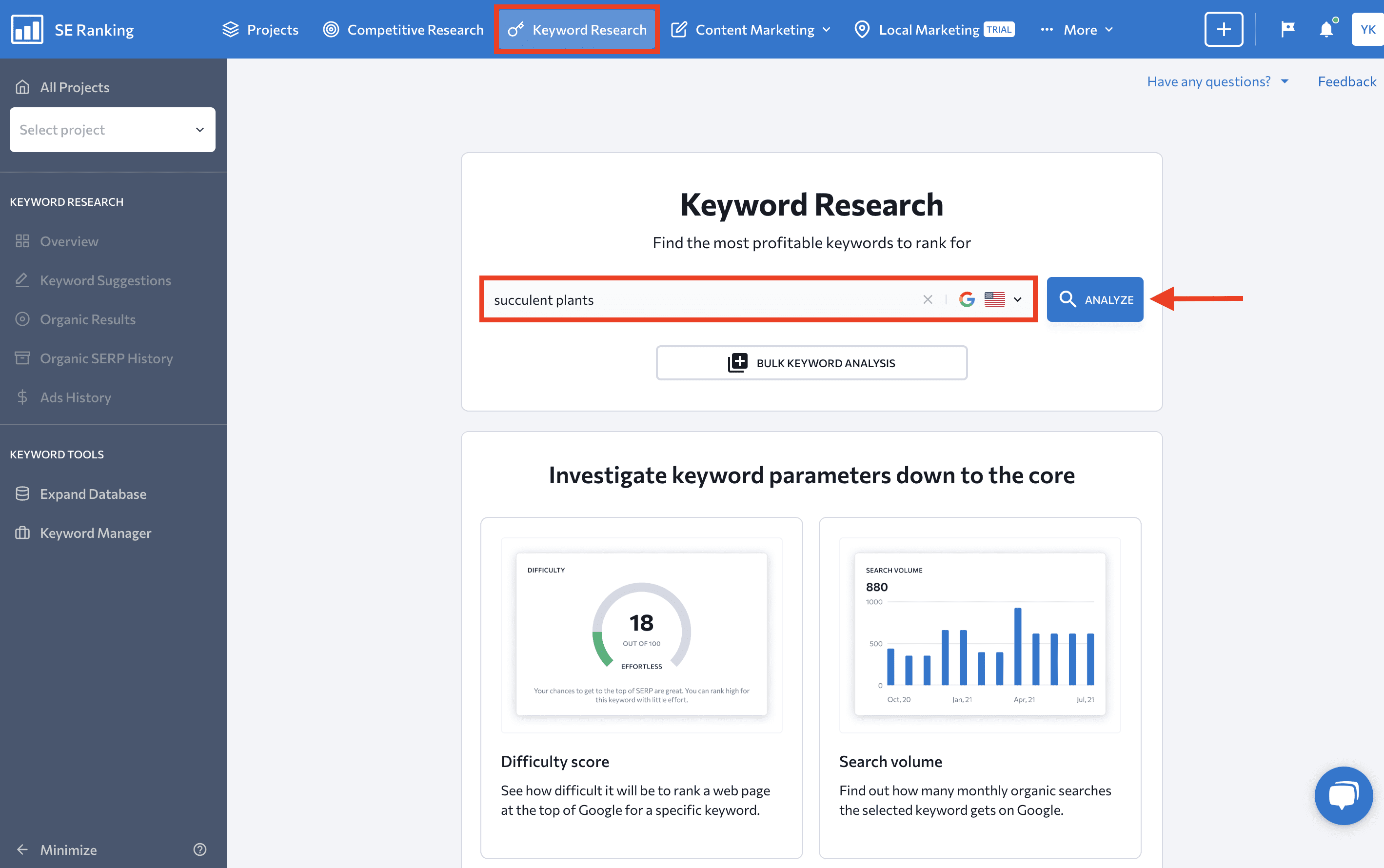 SE Ranking's Keyword Research Tool