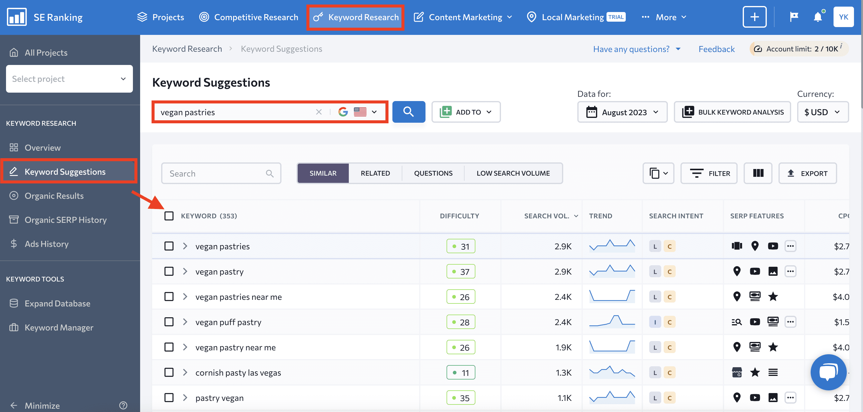 SE Ranking's Keyword Suggestion Tool