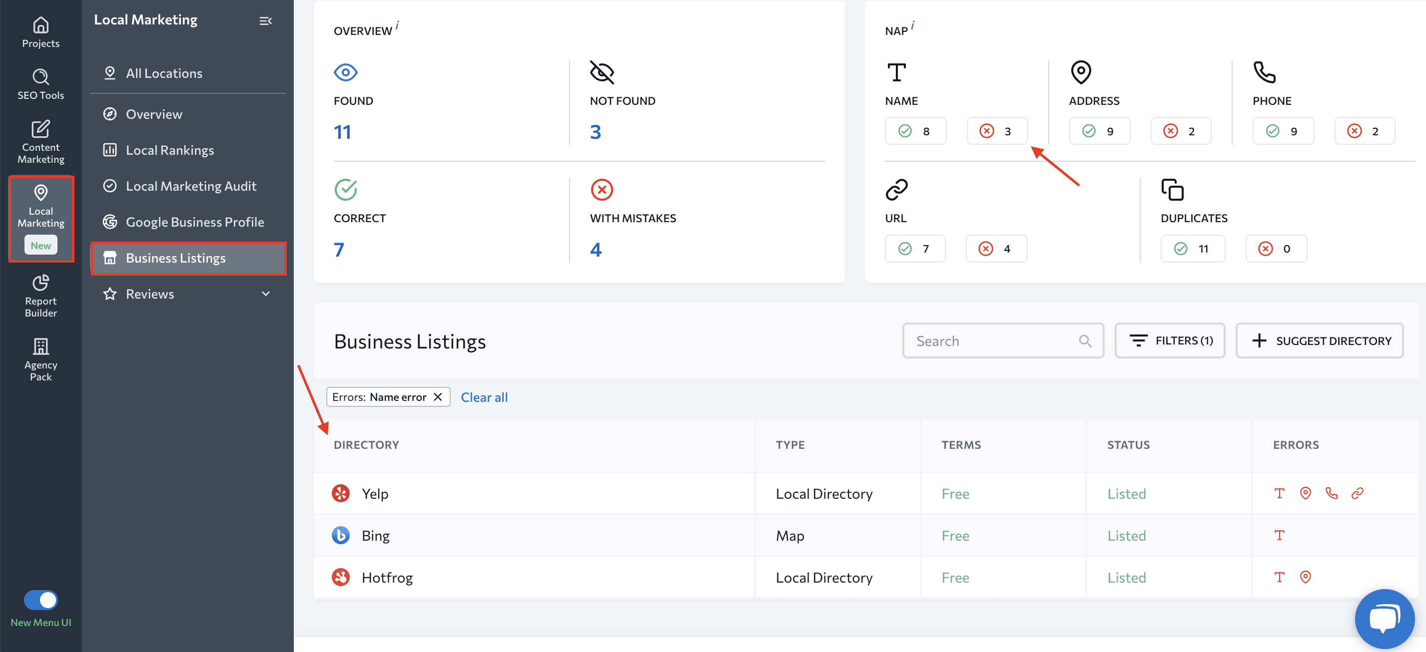 NAP errors detected by Local Marketing tool