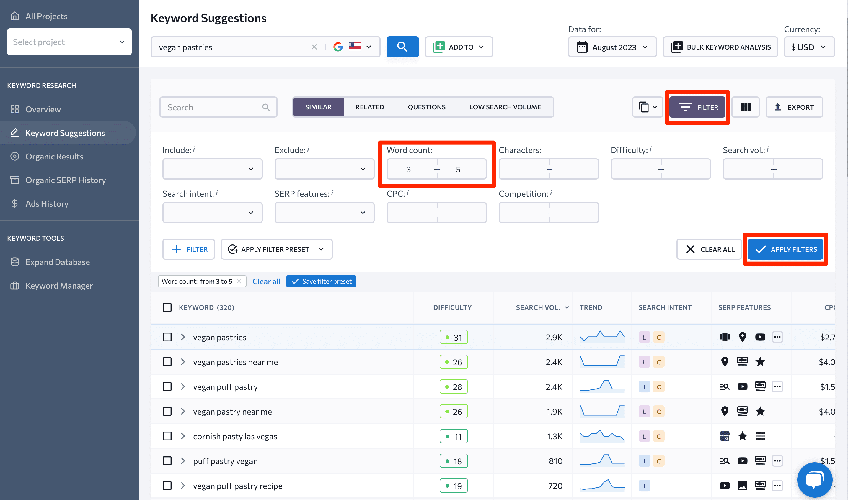 Word count filter for keywords