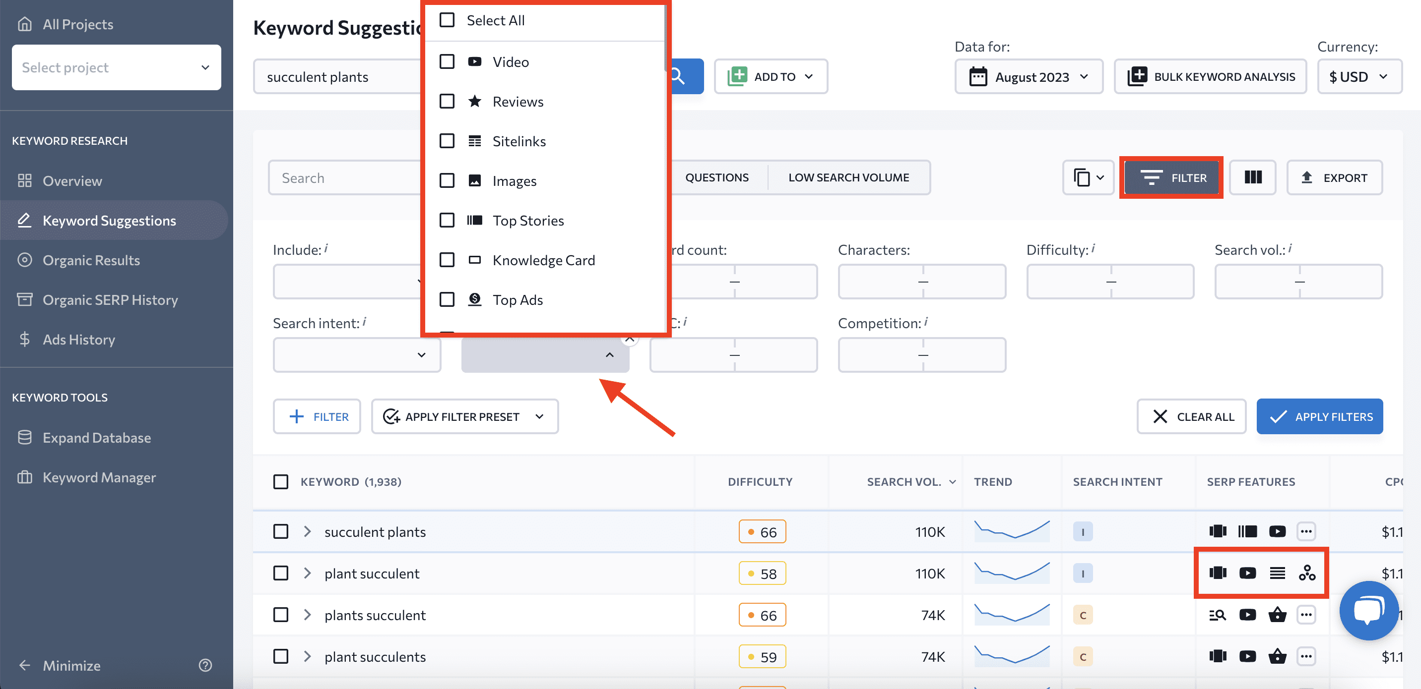 SERP Features filter in Keyword Research Tool