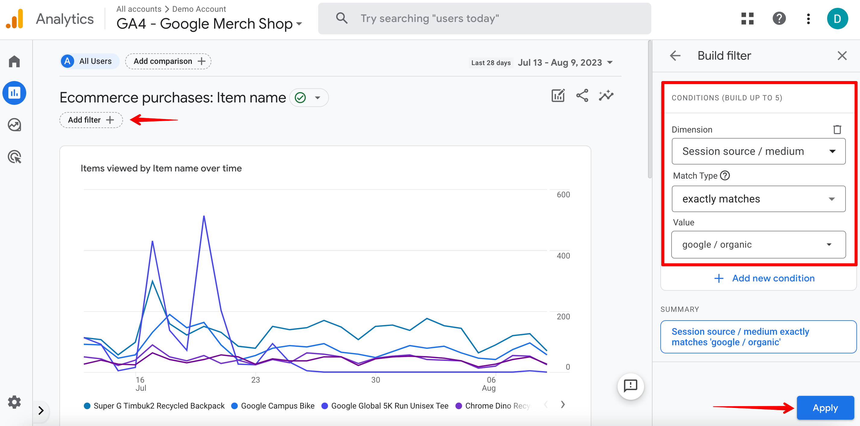 Session source / medium option and the google / organic value in GA4