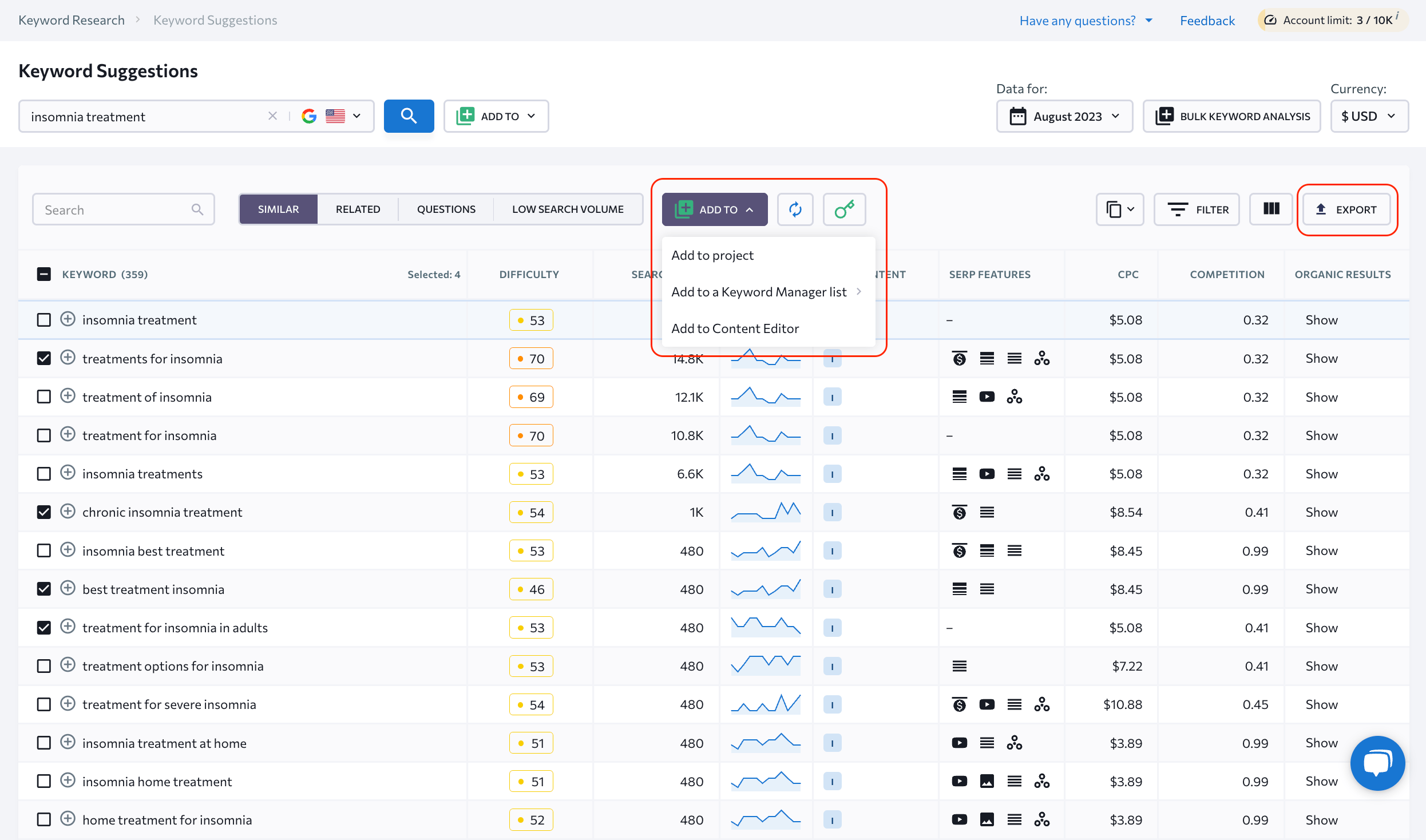 How to export keyword from Keyword Research tool