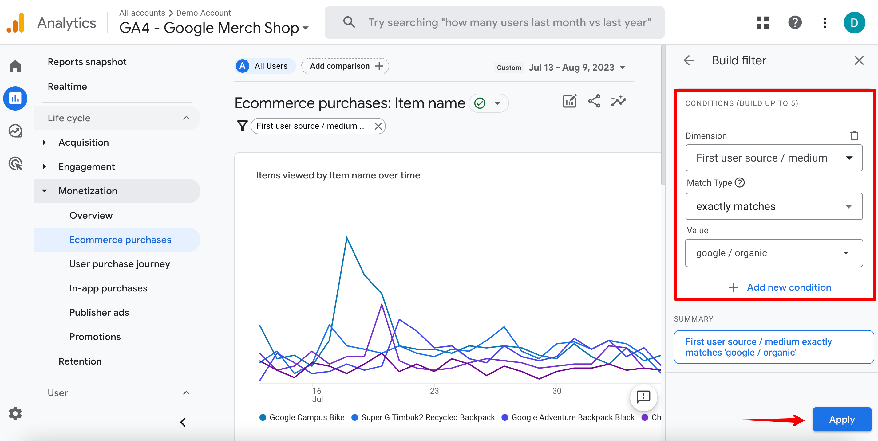 First user source / medium option and google / organic value in GA4