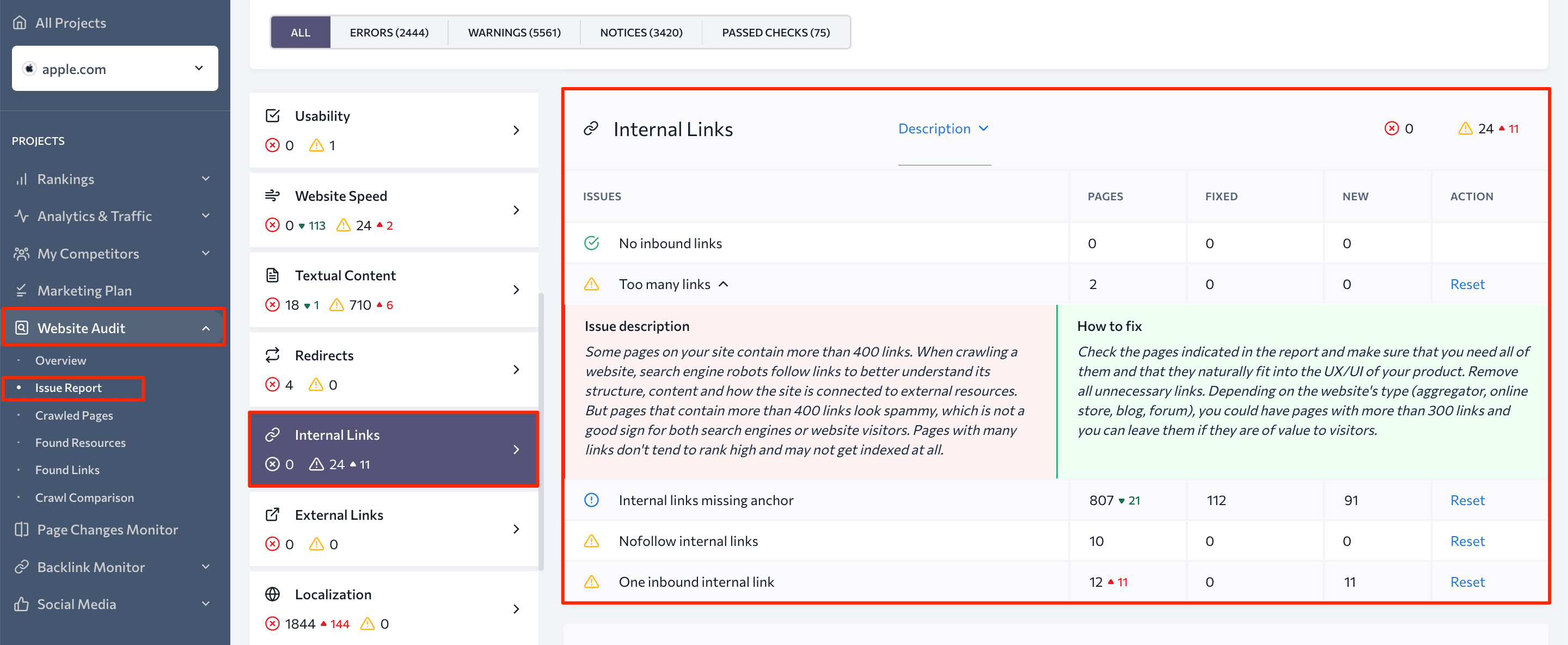 Internal Linking Issue Report