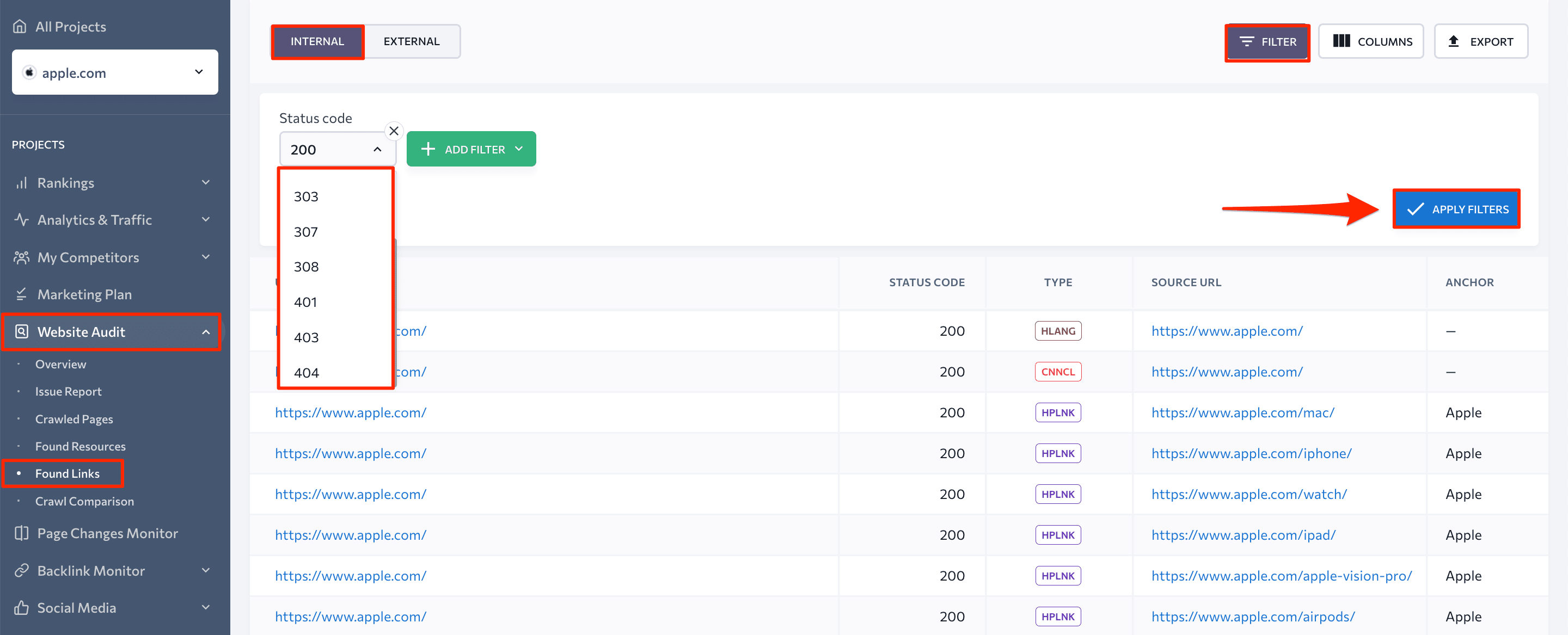 Internal links by status code