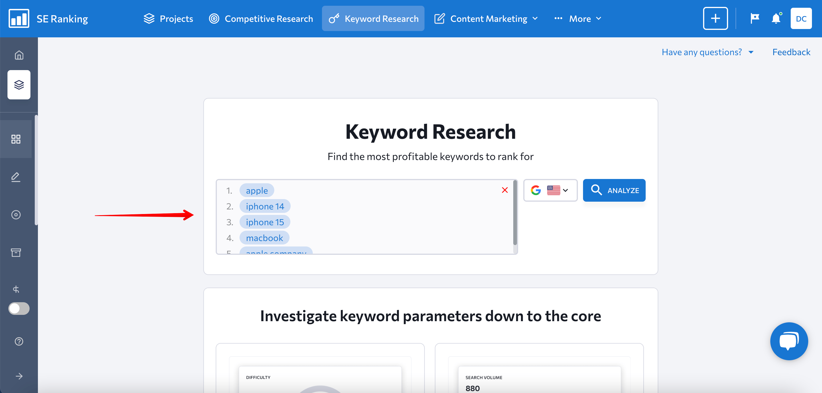 Bulk Keyword Analysis in SE Ranking