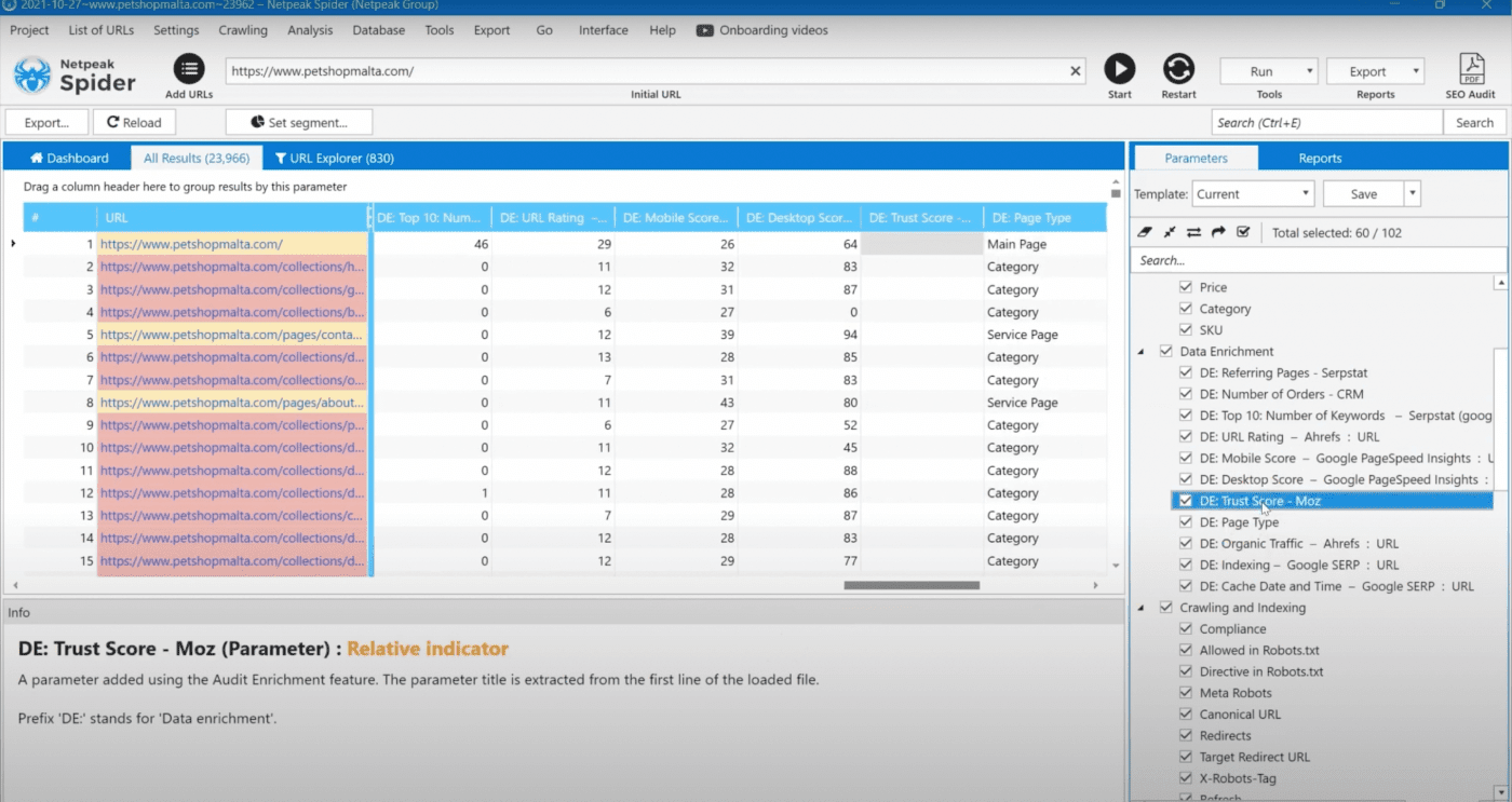 Netpeak Spider interface