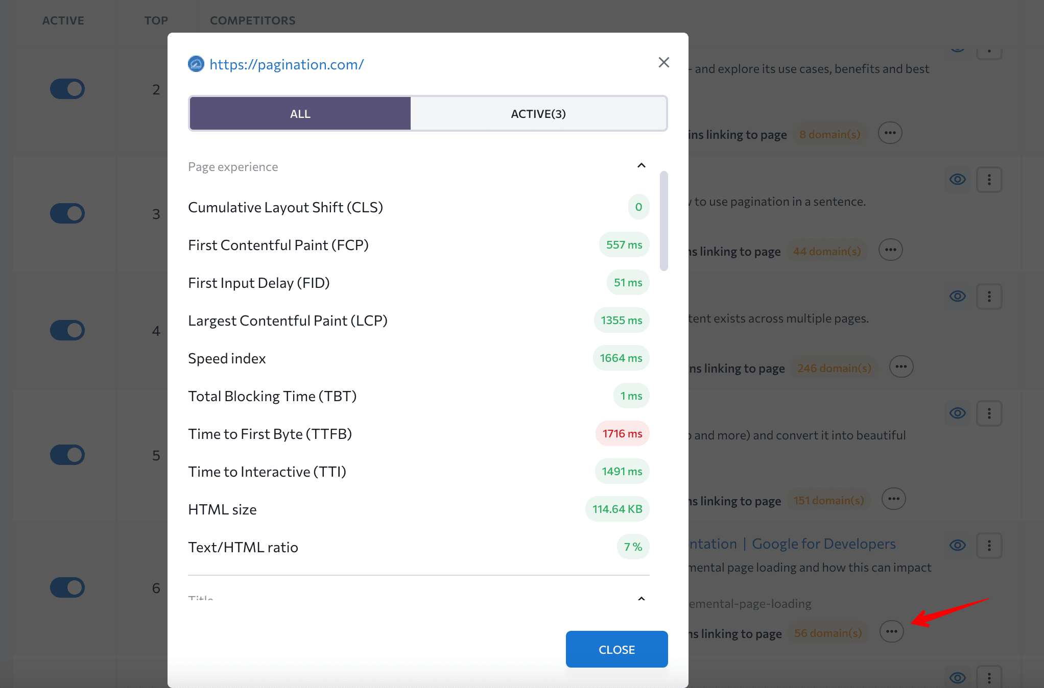 Page experience metrics in SERP Analyzer