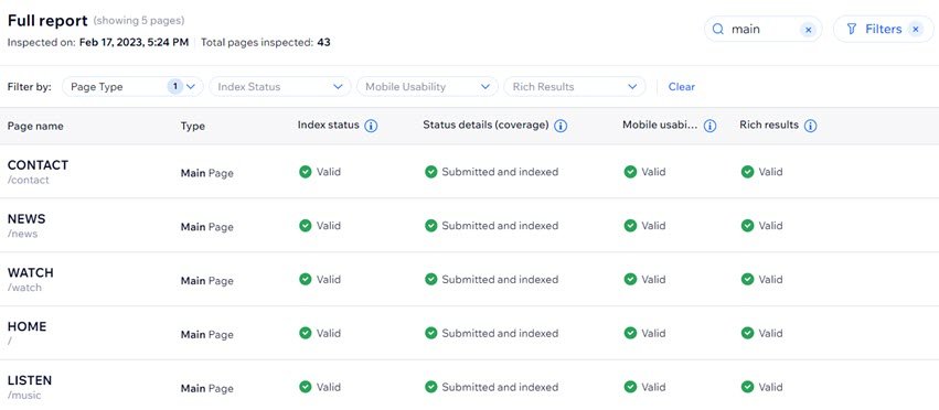 Index statuses in Wix