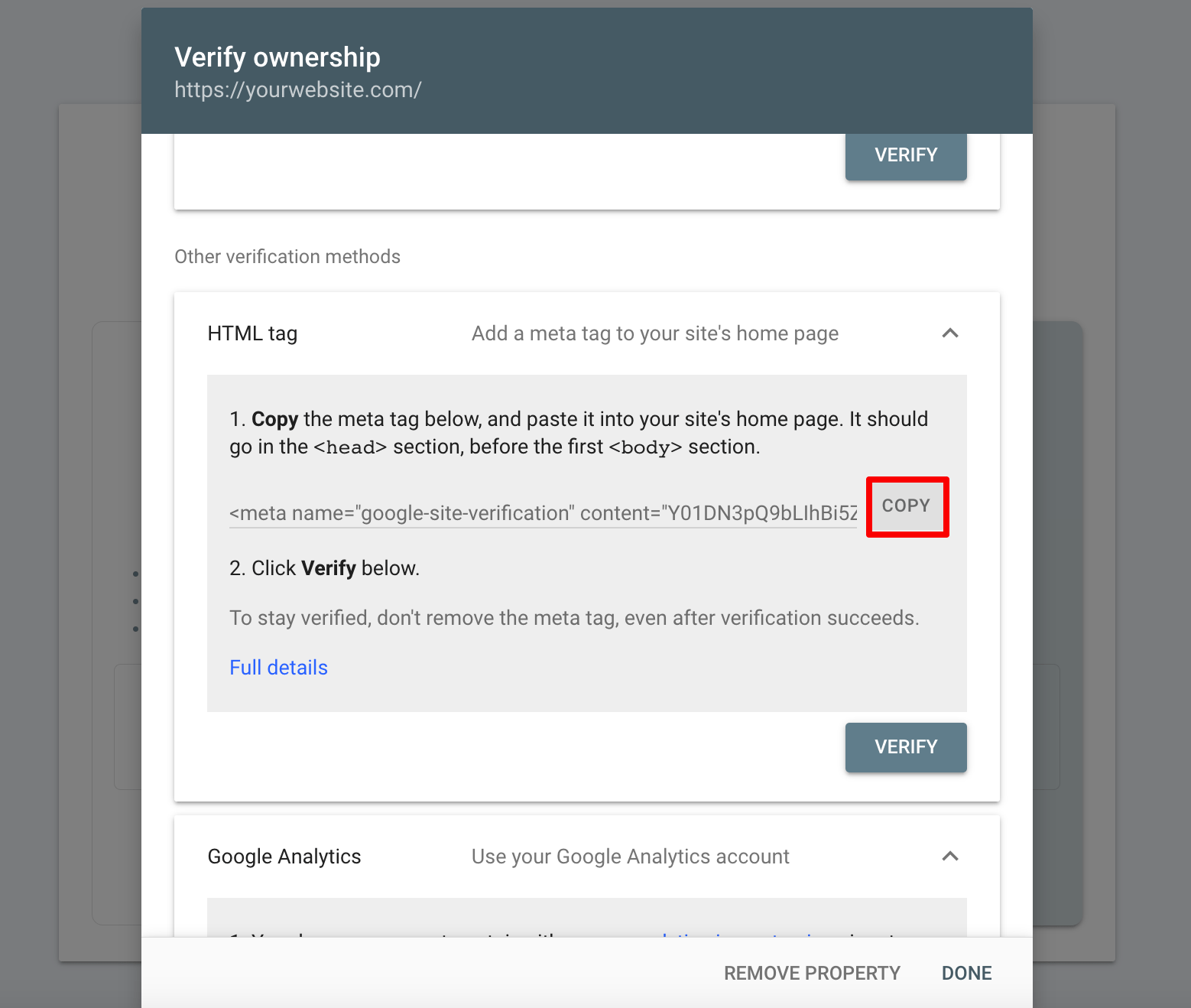 Verifying ownership in Google Search Console