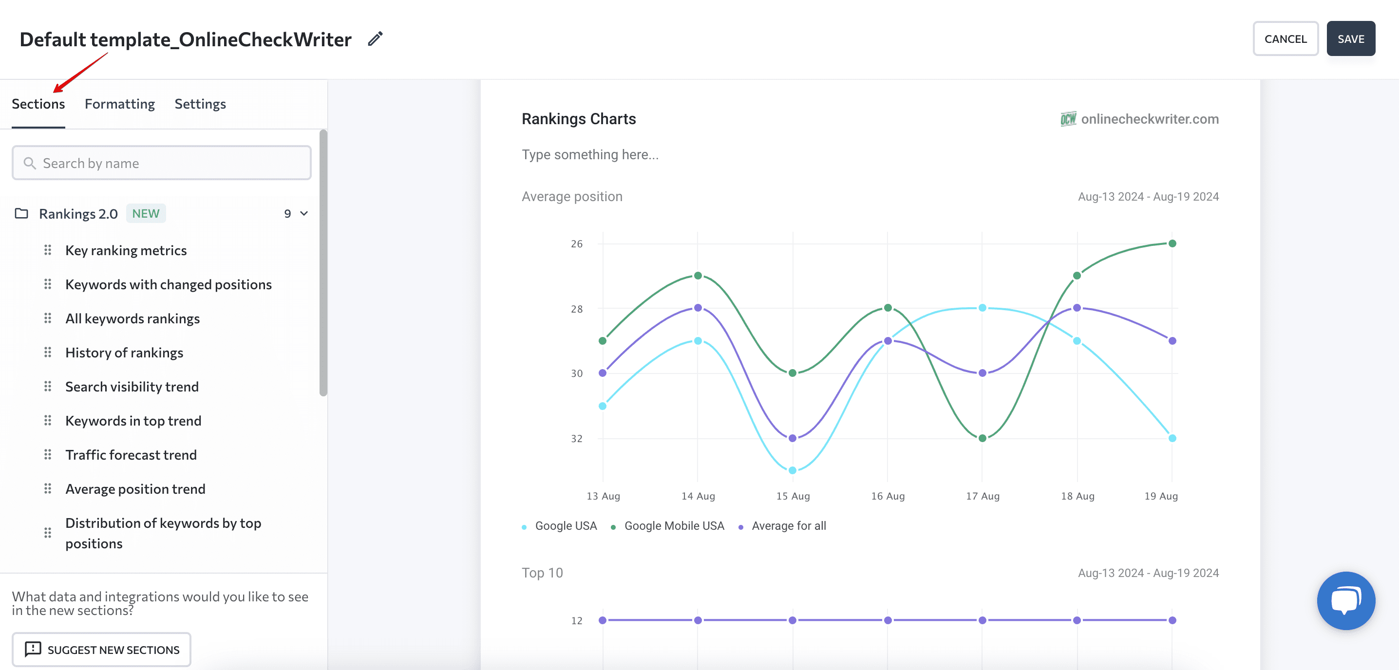 Sections in SE Ranking's Report Builder