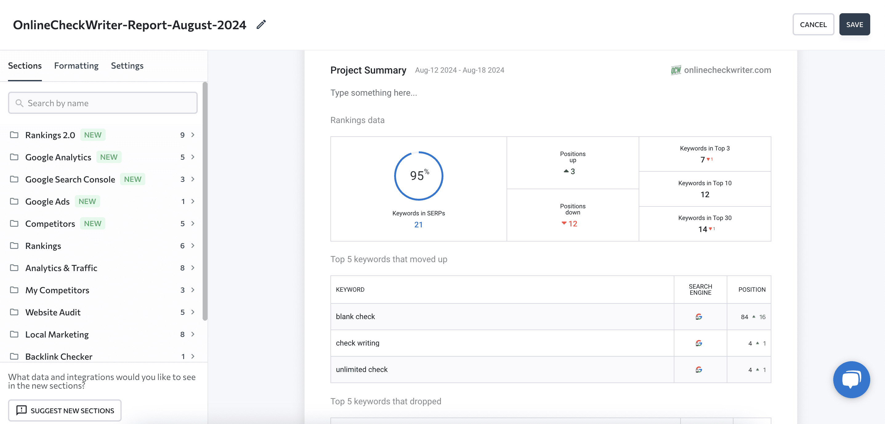 Project Summary Overview in SE Ranking's Report Builder