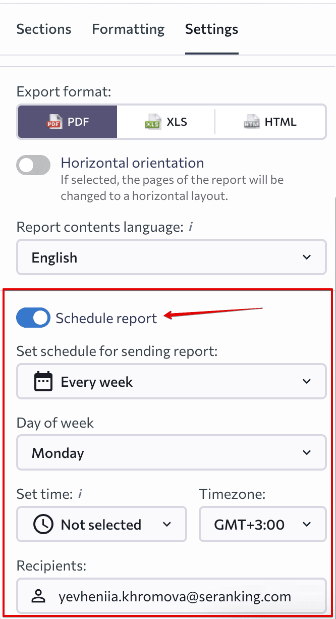 Automated reporting in SE Ranking