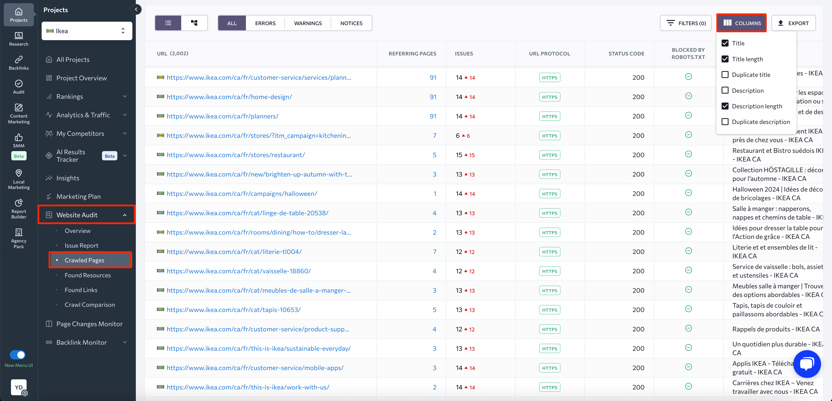 Website audit crawled pages