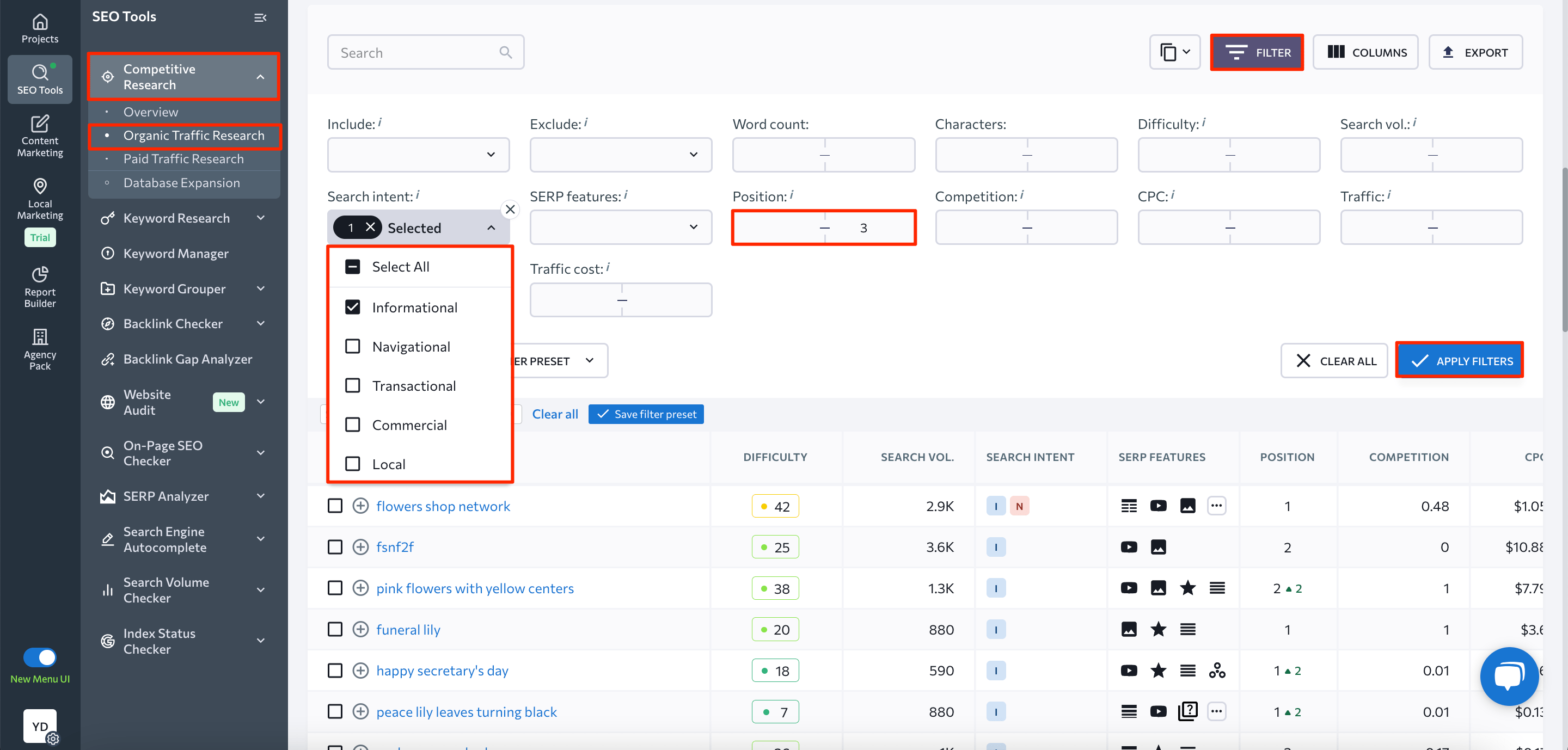 keywords filtering by intent