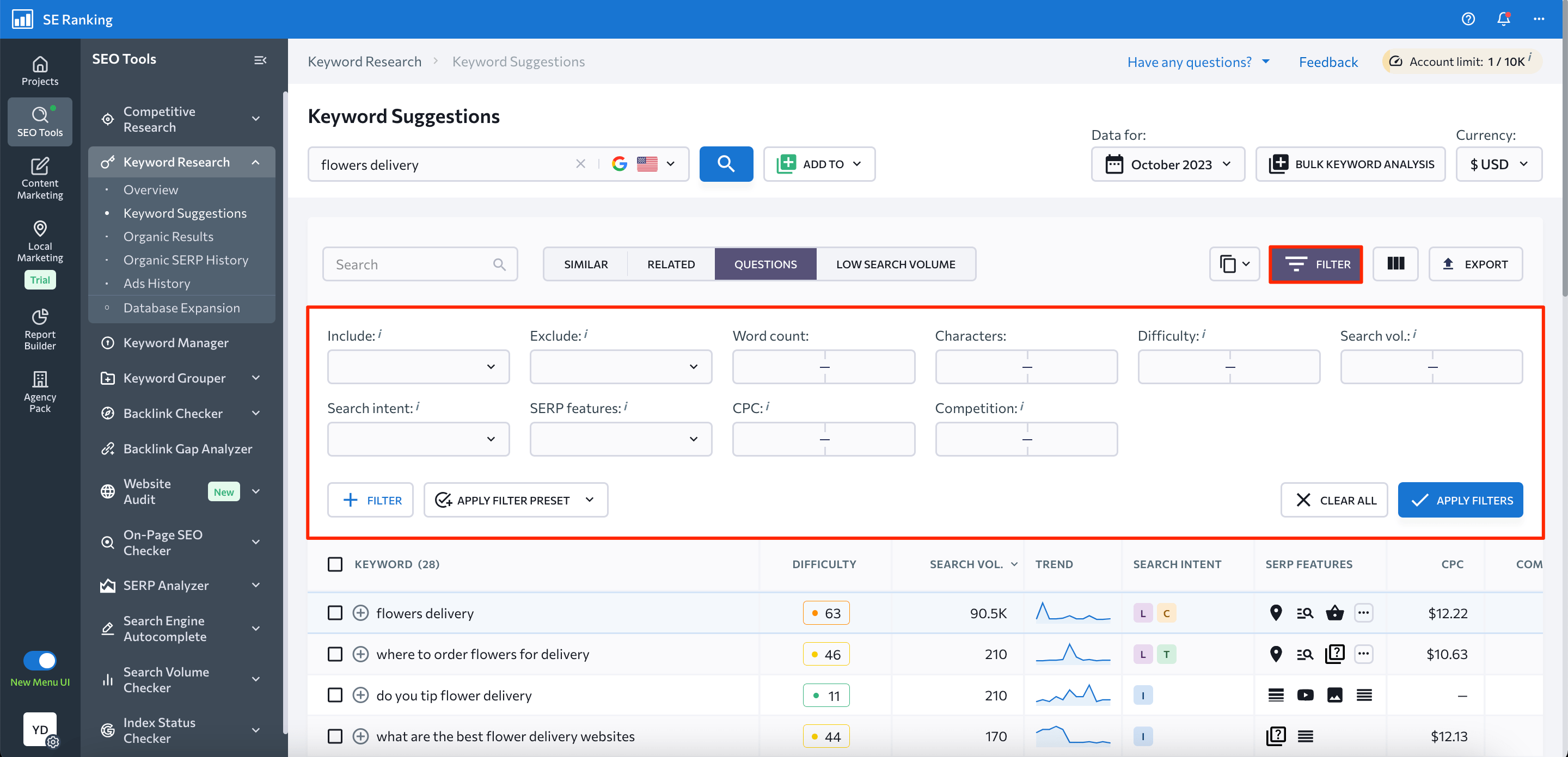 keyword fitering options