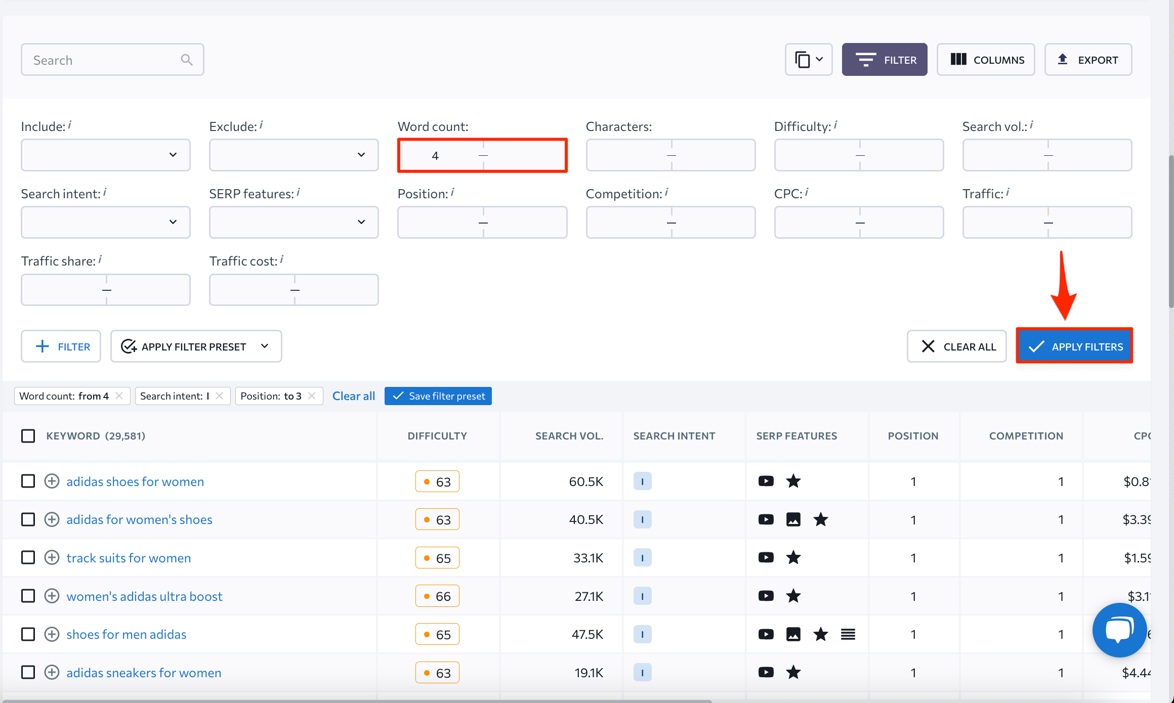 keywords filtering by word count