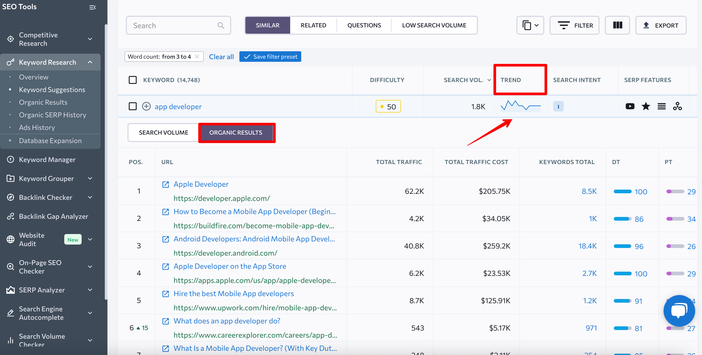 Organic results for suggested keywords
