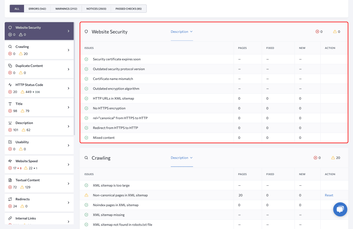 Website Security report in SE Ranking