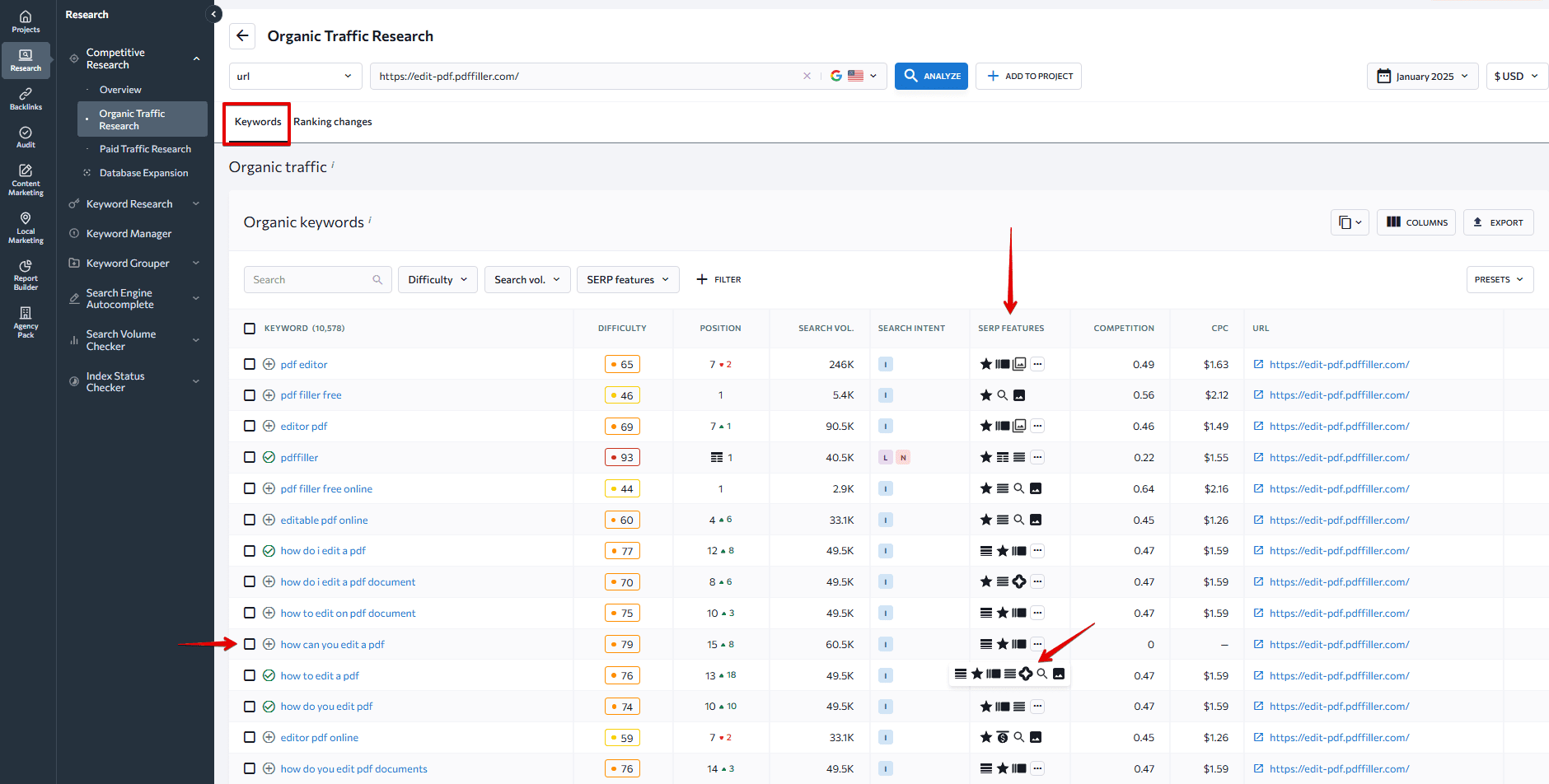 The SERP Features column in the Organic Traffic Research