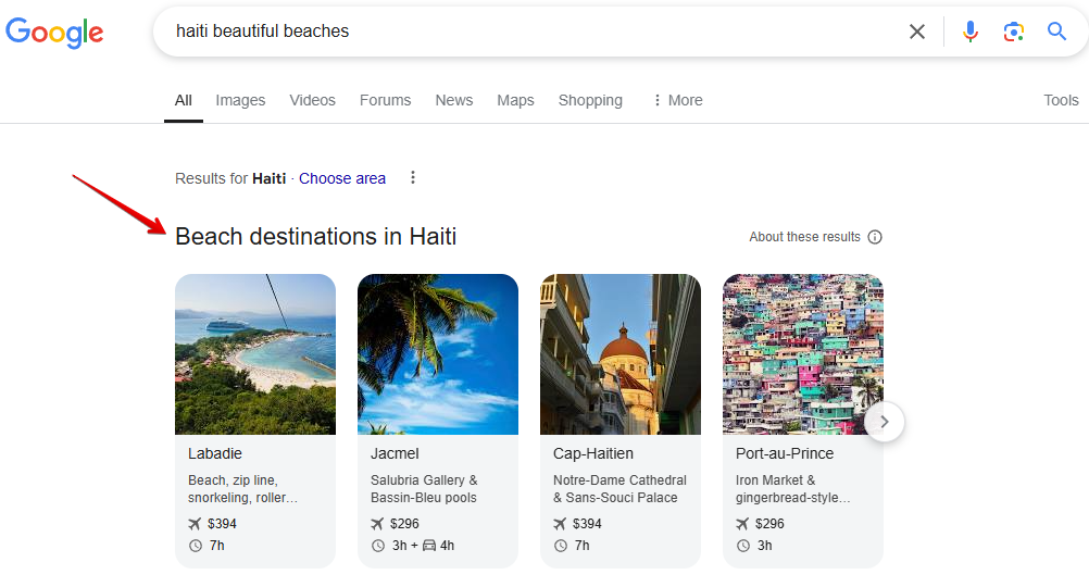 Destinations SERP feature