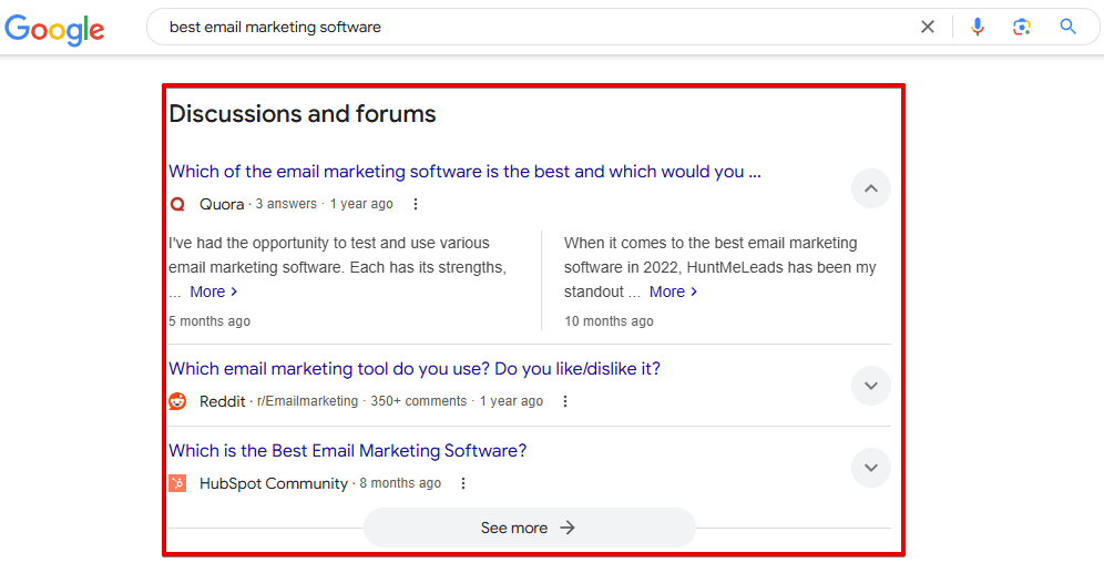 Discussions and Forums SERP feature