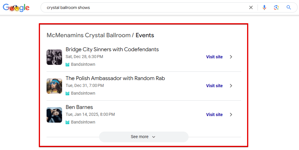 Event schedule SERP feature