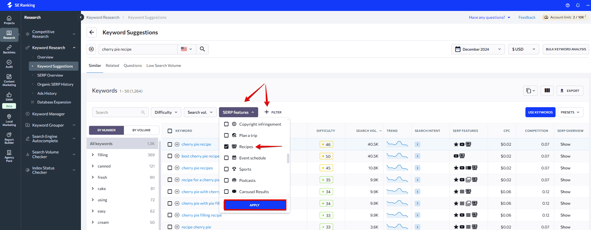 How to filter keywords by SERP features