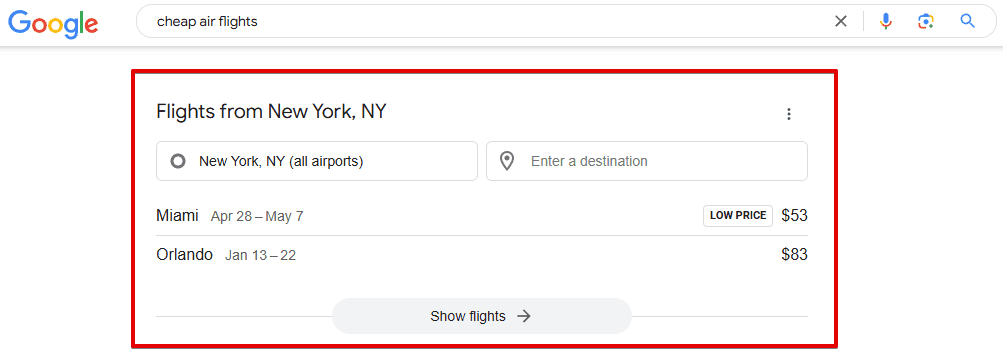 Flights SERP feature