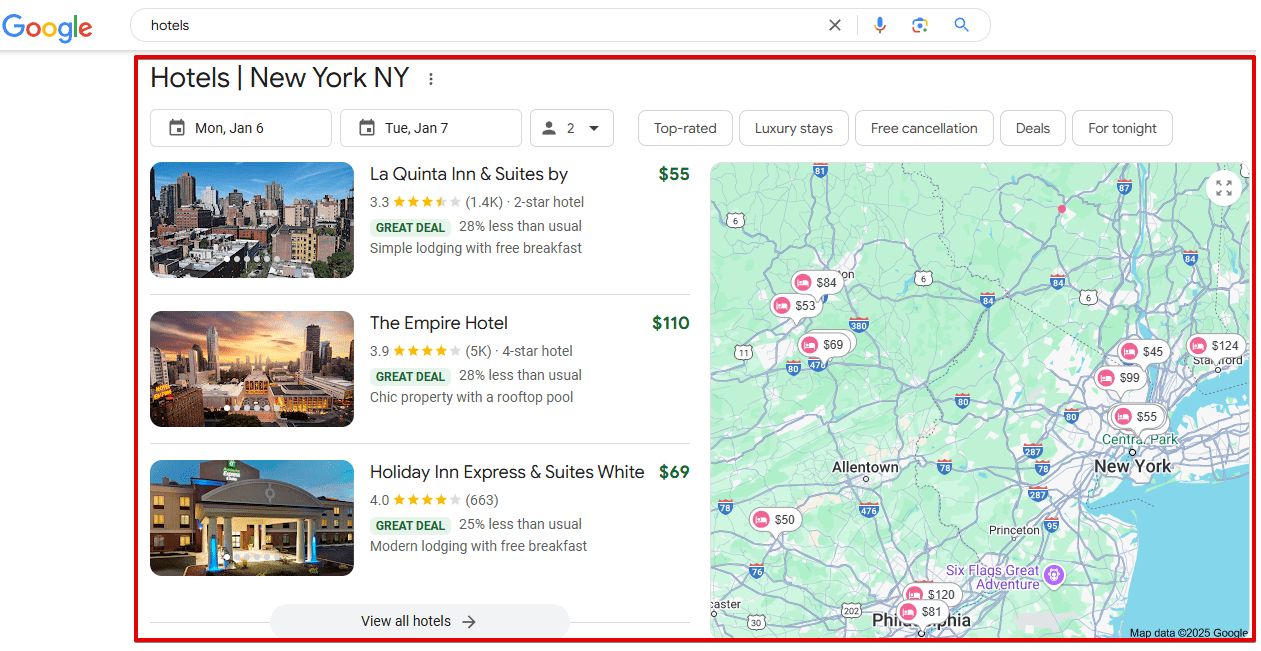 Hotel pack in Google