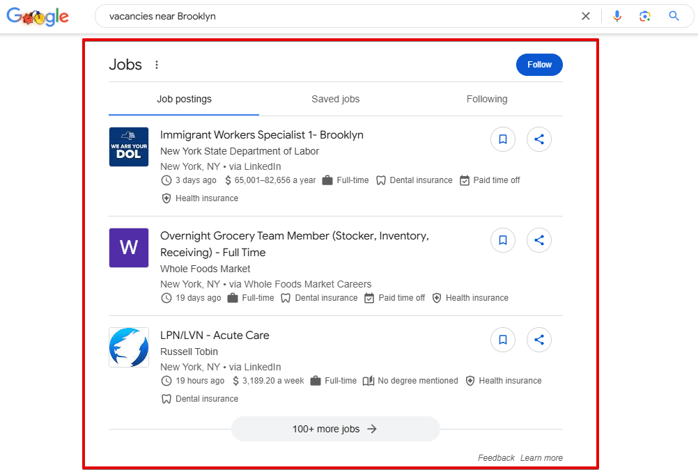 Jobs SERP feature