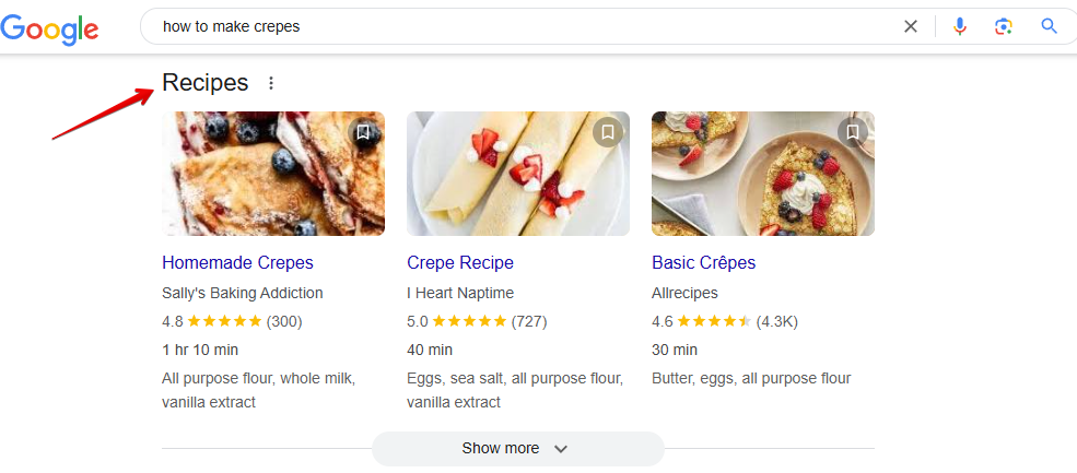 Recipes SERP feature